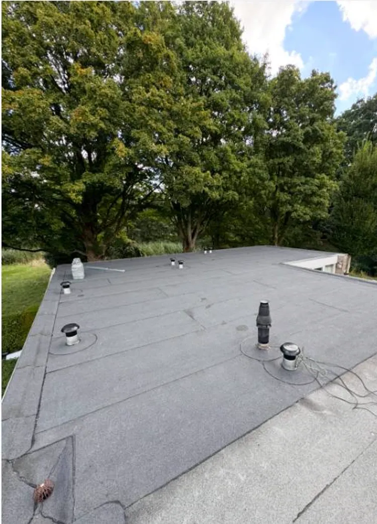 Plat dak van een woning in Nijmegen met nieuwe bitumen dakbedekking en meerdere dakdoorvoeren, met bomen op de achtergrond